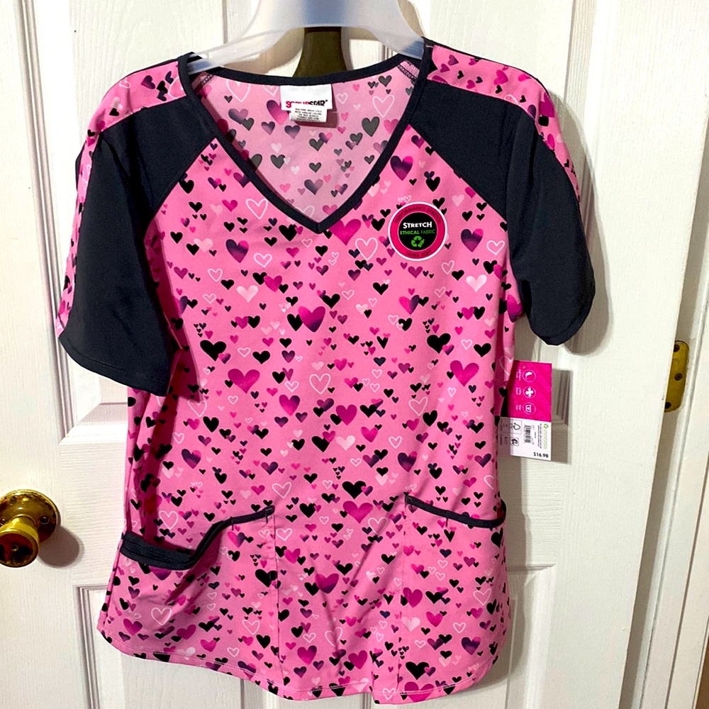 Scrubstar womens heart print scrub top; sizes: ultra soft; stretch, S, M, L, XL